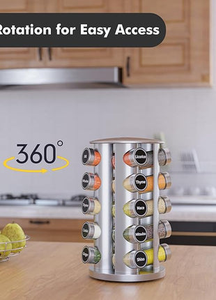 New England Stories Revolving Spice Rack Set with 20 Spice Jars, Kitchen Spice Tower Organizer for Countertop or Cabinet - Carousel Storage Includes 386 Spice Labels (Silver)