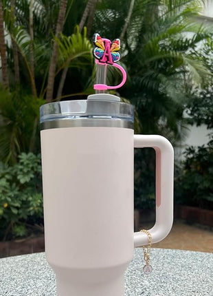 Butterfly Straw Cover for Stanley Cup 30&40 Oz 10mm Straw Topper with 2PCS Letter Charms (Letter I)