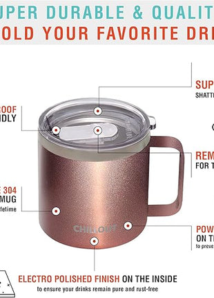 CHILLOUT LIFE Stainless Steel 16 oz - Vacuum Insulated Coffee Mug with Handle and Lid, Large Thermal Camping Coffee Mug Cup with Durable Sliding Lid for Women - Rose Gold