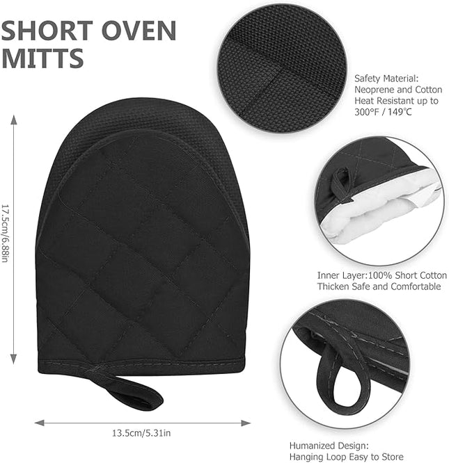 1 Pair Short Oven Mitts, Heat Resistant Silicone Kitchen Mini Oven Mitts for 500 Degrees, Non-Slip Grip Surfaces and Hanging Loop Gloves, Baking Grilling Barbecue Microwave Machine Washable