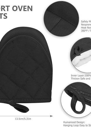 Qulable 1 Pair Short Oven Mitts - Silicone Kitchen Oven Gloves High Heat Resistant 500℉, Mini Oven Mits with Non-Slip Grip Surfaces and Hanging Loop for BBQ, Baking, Cooking and Grilling (Black)