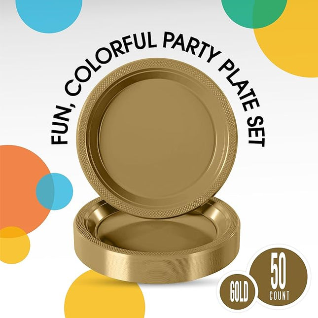 Exquisite Party Solids Gold Plastic Plates For Party Supplies 10" Gold Disposable Plates Heavy Duty 50 Pcs Plastic Dinnerware Sets Heavy Duty 350 GSM Disposable Dinnerware Set