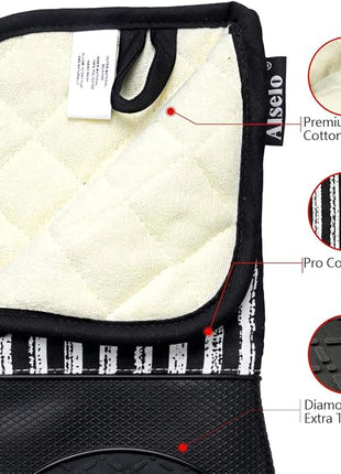 Silicone Oven Mitts Heat Resistant 932℉ with Waterproof & Non-Slip Kitchen Mittens, Set of 2 Extra Long Oven Gloves with Soft Cotton Terry Lining for Baking Cooking Barbecue (2, Black Mitts)