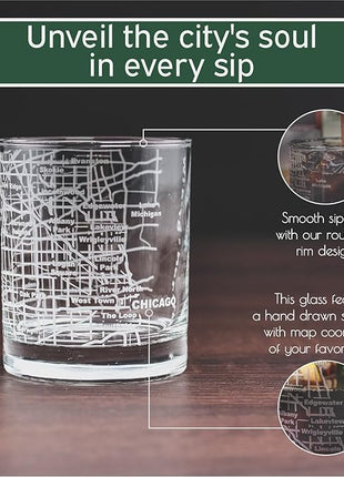 Greenline Goods - Chicago Map Etched Whiskey Glass Perfect for Bourbon, Scotch, Liquor, Cocktail - Crystal Whiskey Glasses Set of 2 - Best Tasting Experience with Vintage Rocks Glasses