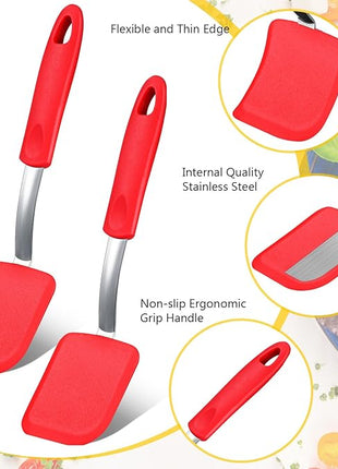Silicone Cookie Spatula Turner 2 Pack Mini Brownie Spatula Flexible Kitchen Small Silicone Turner for Nonstick Cookware Heat Resistant No Scratch Flipper for Egg Pancake(Red)