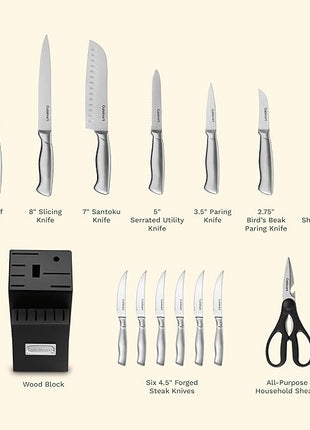 Cuisinart Stainless Steel Hollow Handle 15-Piece Cutlery Block Set, Kitchen Knife Set with Steel Blades for Precise Cutting, Durable Knives with Ergonomic Handles, C77SS-15PK