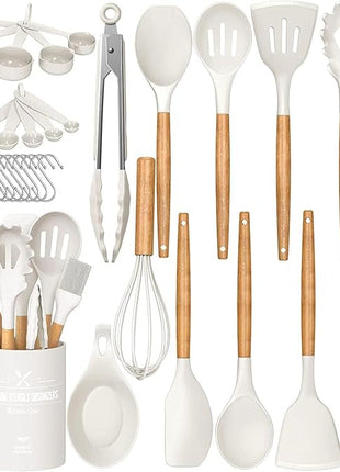 Umite Chef Kitchen Cooking Utensils Set, 33 pcs Non-stick Silicone Cooking Kitchen Utensils Spatula Set with Holder, Wooden Handle Silicone Kitchen Gadgets Utensil Set (Cream White)
