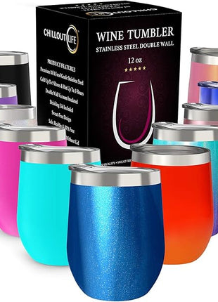 CHILLOUT LIFE 12 oz Stainless Steel Wine Tumbler with Lid - Double Wall Vacuum Insulated Wine Cup Glass Keeping Cold & Hot for Coffee, Champagne, Cocktails, Ice Cream - Blue Sparkle