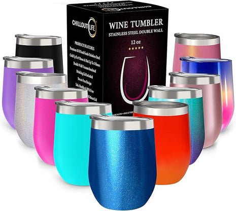 CHILLOUT LIFE 12 oz Stainless Steel Wine Tumbler with Lid - Double Wall Vacuum Insulated Wine Cup Glass Keeping Cold & Hot for Coffee, Champagne, Cocktails, Ice Cream - Blue Sparkle