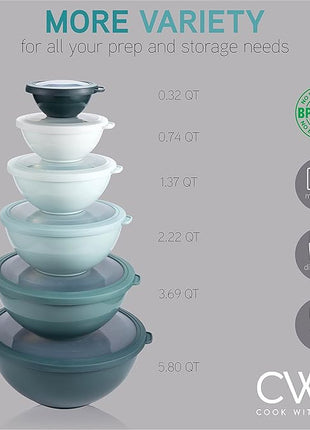 COOK WITH COLOR Mixing Bowls with TPR Lids - 12 Piece Plastic Nesting Bowls Set includes 6 Prep Bowls and 6 Lids, Microwave Safe Mixing Bowl Set (Teal)