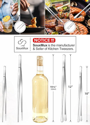 2 Pcs 12-inch Cooking Tweezers Tongs Precision Serrated Tips, Stainless Steel Professional Chef Tweezer Kitchen Tools for BBQ, Plating and Serving（Silver）