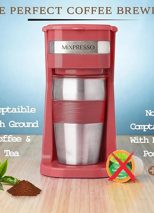 Mixpresso Red Personal Single Serve Coffee Maker with 14oz Travel Mug, Drip Small Coffee Maker with Auto Shut Off, Reusable Filter, Works with Ground Coffee Only – Not for K-Cup Pods