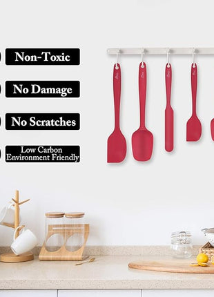 HOTEC Heat Resistant 600℉ BPA-Free Silicone Rubber Spatula Set, Kithchen Cooking Spatulas, Baking, Mixing, for Non Stick Cookware, Dishwasher Safe, Red Set of 5