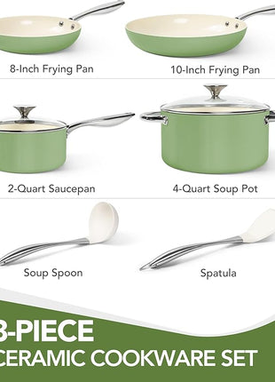MICHELANGELO Pots and Pans Set - Nonstick Ceramic Cookware Set, 8-Piece Healthy Cooking Set, Non-Toxic, Oven Safe & Compatible with All Stovetops - Green