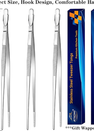 JETKONG 14-Inch Stainless Steel Cooking Tweezers Heavy Duty Kitchen Food Tweezers, Set of 3 (14 14 14 Inch, Silver)