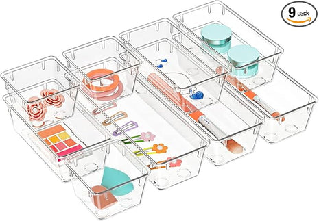 WOWBOX 9 Pack Clear Drawer Organizer Set, Acrylic Drawer Storage Trays, Storage Bins for Makeup, Cosmetics, Jewelries, Utensils, Gadgets, Office