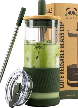 Pandaloo® Glass Cups With Lids and Straws -20 Fl Oz- Perfect Size Iced Coffee Cup - Smoothie Cup With Bamboo Lid and On the go Lid - Glass Tumbler With Straw (1 Count (Pack of 1), Mediterranean Olive)