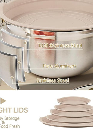 Mixing Bowls Set, 27PCS Khaki Mixing Bowls With Lids Set Stainless Steel Kitchen Large Nesting Metal Bowl 7QT to 1.5QT, Measuring Cups and Spoons for Prepping Cooking Serving