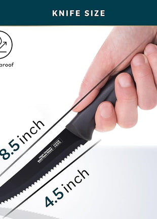 Home Hero High-Carbon Stainless Steel Steak Knife Set - Sharp Serrated Knives & Nonstick Coating - Ergonomic TPR-Coated Handles - Rust-Resistant Blades & Hand Wash - 8-Piece Set, Black