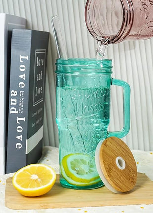 ANOTION Colored Glass Cups with Handle Set of 4, 24oz Glass Cups with Lids and Straws Travel Coffee Mug Bamboo Mason Jar Iced Cup Smoothie Tea Clear Cute Water Drinking Jars Glasses