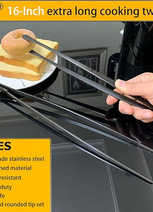 JETKONG 2 Pcs 16-Inch Heavy Duty Plating Tongs, Extra-Long Kitchen Fine Tongs Large Stainless Steel Cooking Forceps (Black)