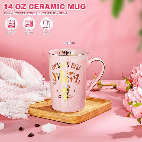 Birthday Gifts for Mom from Daughter Son Kids - Funny Birthday Gift Ideas for Mothers Wife Women - 14Oz Marble Ceramic Best Mom Coffee Mug with Lid Spoon Card, Box, Unique Moms Cup Gifts-Boxed Set