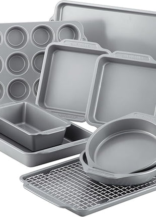 Farberware Nonstick Steel Bakeware Set with Cooling Rack, Baking Pan and Cookie Sheet Set with Nonstick Bread Pan and Cooling Grid, 10-Piece Set, Gray