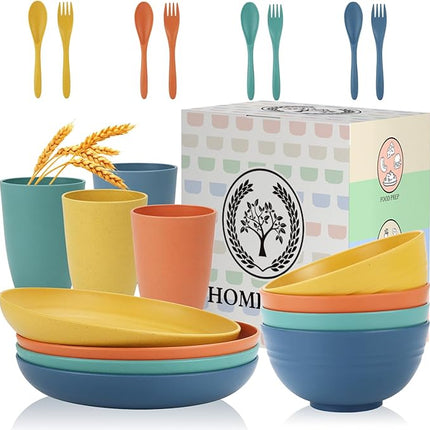 Homienly Wheat Straw Plates and Bowls Sets, 20 PCS Dishes Dinnerware Sets,Unbreakable Microwave and Dishwasher Safe Dish Set, Reusable Kids Plates and Bowls Sets for Kitchen, Outdoor, RV (Multicolor)