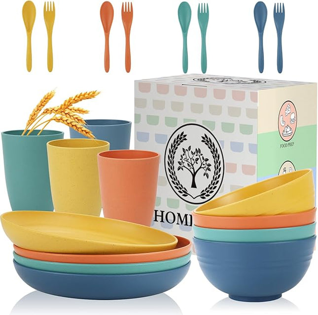 Homienly Wheat Straw Plates and Bowls Sets, 20 PCS Dishes Dinnerware Sets,Unbreakable Microwave and Dishwasher Safe Dish Set, Reusable Kids Plates and Bowls Sets for Kitchen, Outdoor, RV (Multicolor)