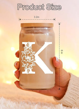 Coolife Initial Glass Cup, Monogrammed Gifts for Women, 16 oz Glass Cups w/Lids Straws, Iced Coffee Smoothie Beer Tumbler w/Straw Lid - Personalized Christmas, Birthday Gifts for Her Mom Friend Woman