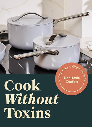 Caraway Nonstick Ceramic Sauce Pans with Lids (3 qt & 1.75 qt) - Non Toxic, PTFE & PFOA Free - Oven Safe & Compatible with All Stovetops (Gas, Electric & Induction) - White