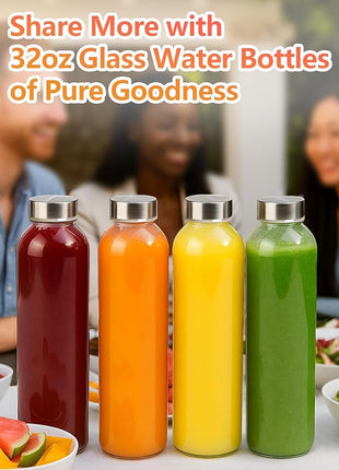 Zukro Glass Water Bottles with Lids 32 oz, 3 Pack Reusable Large Juice Bottles With Stainless Steel Airtight Cap for Juicing, Leak Proof Clear Drinking Jar Beverage storage container, BPA Free