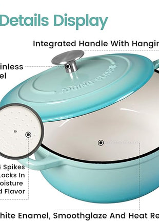 Enameled Cast Iron Covered 5.5 Quart Dutch Oven with Dual Handle for Bread Baking, Dutch Ovens with Lid, Peacock Blue