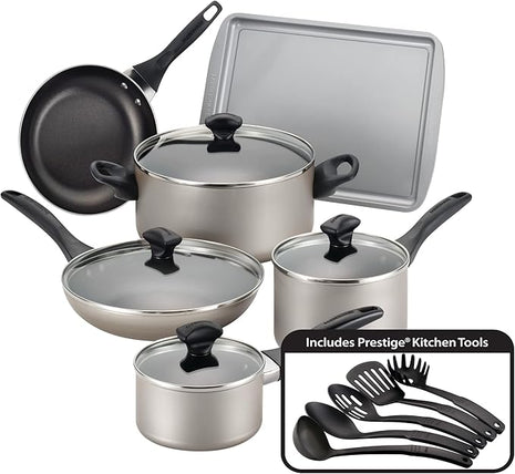 Farberware 21805 Dishwasher Safe Nonstick Cookware Pots and Pans Set, 15 Piece, Champagne