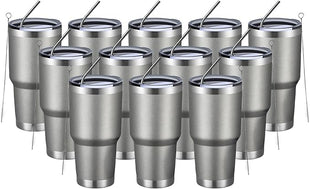 MEWAY 30oz Insulated Tumbler With Lids and Straws,Stainless Steel Double Vacuum Coffee Tumbler Cup, Brush, Durable Powder Coated Coffee Cup for Cold & Hot Drinks, Office, Travel(Cold Grey,12 PACK)