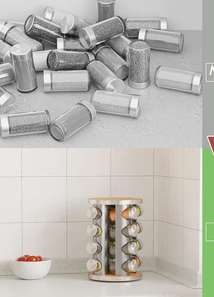 New England Stories Revolving Spice Rack Set with 16 Spice Jars, Kitchen Spice Tower Organizer for Countertop or Cabinet - Carousel Storage Includes 386 Spice Labels