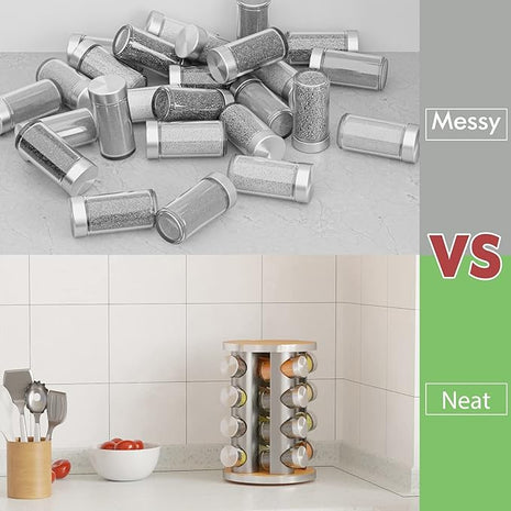 New England Stories Revolving Spice Rack Set with 16 Spice Jars, Kitchen Spice Tower Organizer for Countertop or Cabinet - Carousel Storage Includes 386 Spice Labels