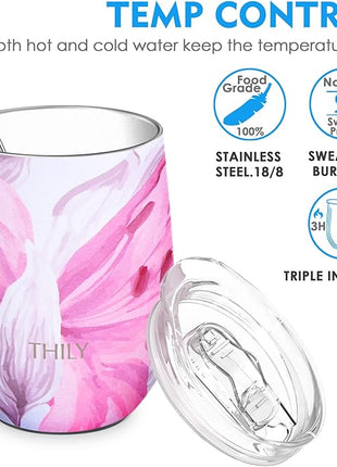 THILY Stainless Steel Insulated Wine Tumbler Stemless Wine Glass with Lid and Straw, Splash-proof, Cute Travel Cup for Coffee, Cocktails, Gifts for Women, Her, Wife, Lotus Flower