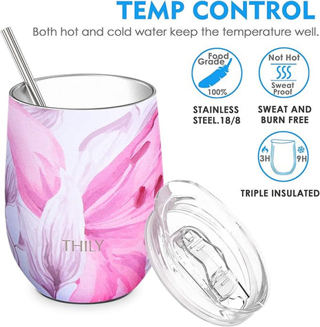 THILY Stainless Steel Insulated Wine Tumbler Stemless Wine Glass with Lid and Straw, Splash-proof, Cute Travel Cup for Coffee, Cocktails, Gifts for Women, Her, Wife, Lotus Flower