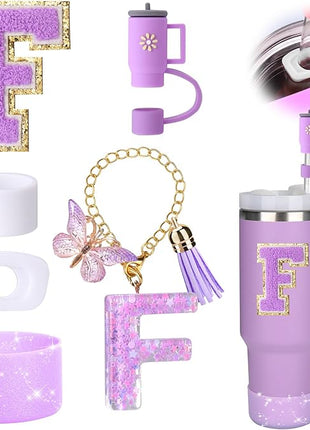 Mity rain 6PCS Cup Accessories Set for Stanley Cup 30oz 40oz tumbler with handle, Including Silicone Straw Topper Cover Cap and Boot, Spill Proof Stopper, Handle Charm, Initials Sticker (Letter F)