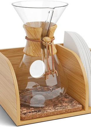 HEXNUB – Caddy for Pour Over Coffee Maker, Bamboo Stand fits Chemex, Bodum, Cosori Coffee Carafes, Heatproof Mat, Filter Holder for Drip Coffee Maker - Cork Mat