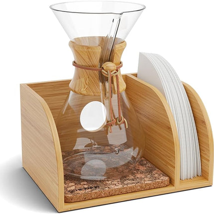 HEXNUB – Caddy for Pour Over Coffee Maker, Bamboo Stand fits Chemex, Bodum, Cosori Coffee Carafes, Heatproof Mat, Filter Holder for Drip Coffee Maker - Cork Mat