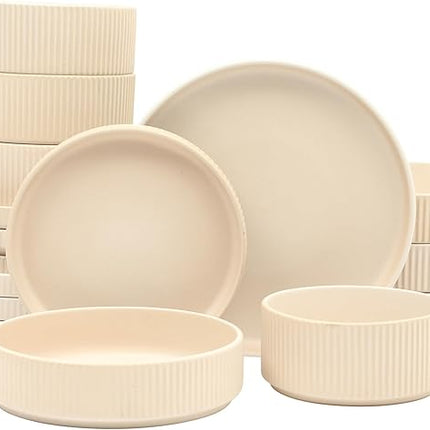 Gibson Elite Deerfield 16-Piece Stoneware Dinnerware Set – Cream White Reactive Glaze Plates and Bowls, Stackable Design, Service for 4 – Dishwasher & Microwave Safe