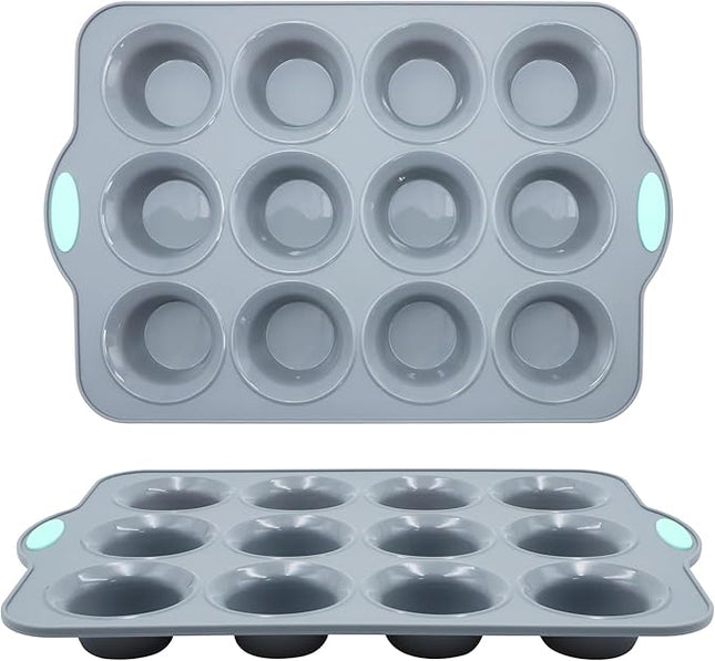 To encounter 2Pack Silicone Muffin Pan with Metal Frame, 12 Cup Regular Size Cupcake Pan, Non-Stick Baking Tray, Food Grade Baking Molds for Oven, Dishwasher Safe