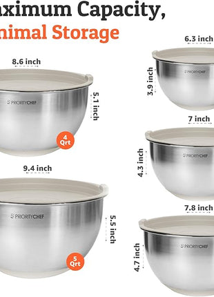 Priority Chef Premium Mixing Bowls With Lids Set, Airtight Lids, Thicker Stainless Steel, Non-Slip Base, 5 Nesting Steel Bowls for Kitchen, Large Prep Metal Bowl Set 1.5/2/3/4/5 Qt, Khaki