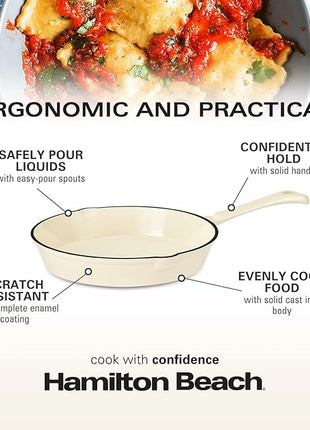 Hamilton Beach Enameled Cast Iron Fry Pan 10-Inch Cream, Cream Enamel Coating, Skillet Pan for Stove Top and Oven