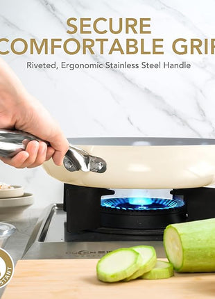 MICHELANGELO Non Stick Frying Pans - 10 Inch Frying Pan Nonstick with Lid, Nonstick Skillet with Lid, Non Toxic Frying Pan, Ceramic-Coated, Beige