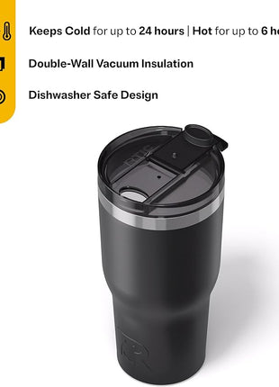 RTIC 30oz Essential Tumbler with Lid, Ceramic Lined, Insulated, Stainless Steel, Metal, Double Wall Vacuum-Insulation, Travel Cup for Iced Coffee, Tea, Hot and Cold Drink, Black