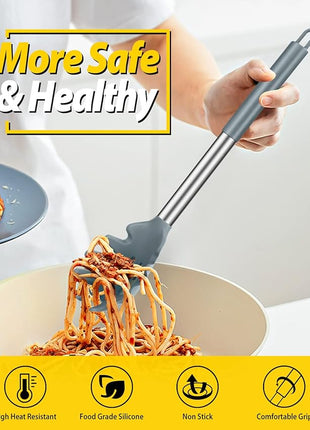 Silicone Pasta Fork and Ladle Spoon Set, Large Non Stick Kitchen Utensils for Cooking,Stirring,Serving Spaghetti, Soup, Sauce (GRAY)