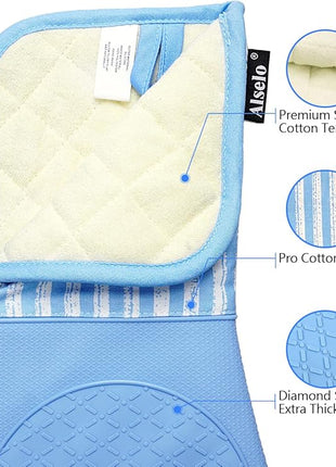 Silicone Oven Mitts Heat Resistant 932℉ with Waterproof & Non-Slip Kitchen Mittens, Set of 2 Extra Long Oven Gloves with Soft Cotton Terry Lining for Baking Cooking Barbecue (2, Blue Mitts)
